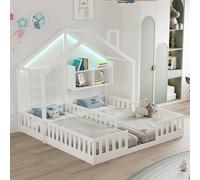 Merax Lit double pour enfant 90 x 200 cm, design maison avec fenêtres, éclairage LED, rampe de sécurité, étagères de rangement, sommier à lattes, bois, lit pour chambre d'enfant, blanc (sans matelas)