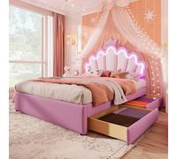 Merax Lit enfant 140x200, lit capitonné pour filles, lit double à tête réglable en forme de couronne, bande LED, en cuir PU, avec sommier et 2 tiroirs (sans matelas), rose