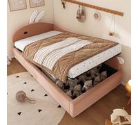 Merax Lit Enfant 90x200 cm Lit rembourré avec tête de Lapin, lit Simple rembourré Rose et Blanc, Coffre hydraulique, barrière de sécurité Douce, Matelas Non Inclus - Type D