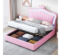 Merax Lit Enfant Lit capitonné 140 × 200 cm Blanc PU-Cuir avec LED et Coffre hydraulique, lit Fille Motif Couronne Rose, sommier à Lattes, Cadre Bois/MDF (Matelas Non Inclus)