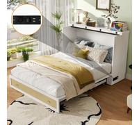 Merax Lit escamotable 140x200cm, lit mural avec USB, prise de courant, lit pliant transformable et mobile, lit mural pliant, rangement des matelas pliants, blanc