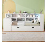 Merax Lit fonctionnel, en forme de L, avec bureau, 90 x 200 cm, bibliothèque et éclairage LED, lit plate-forme pour chambre d'enfant, chambre d'adolescent, cadre de lit d'angle, tête de lit rembourrée