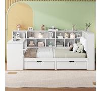 Merax Lit fonctionnel, en forme de L, avec bureau et bibliothèque, 140 x 200 cm, tête de lit rembourrée, éclairage LED et espace de rangement, lit plate-forme pour chambre d'enfant et d'adolescent