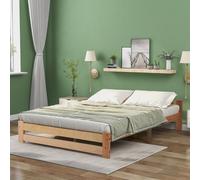 Merax Lit Futon Lit double 140x200cm avec tête de lit et sommier à lattes, Lit classique en bois massif Lit d'adolescent, Naturel