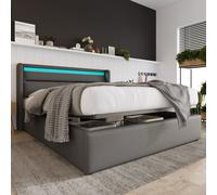 Merax Lit hydraulique capitonné 140x200cm avec LED et coffre de lit, lit de rangement avec sommier à lattes, lit fonctionnel double similicuir