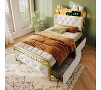 Merax Lit LED 90x200cm avec Tête de Lit Velours, Chargement USB Type-C, 2 Tiroirs, Contrôle APP, Éclairage RGB, sans Matelas - Beige