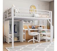 Merax Lit mezzanine, 140 x 200 cm, avec bureau, armoire, échelle de rangement et étagères, cadre de lit avec sommier à lattes (sans matelas), lit en métal, lit d'adolescent, pour enfants/adultes