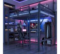 Merax Lit mezzanine 140 x 200 cm avec bureau, penderie, LED et prises UE - Haute sécurité - Style gaming - Noir (sans matelas)