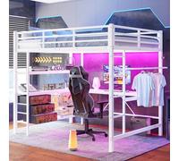 Merax Lit mezzanine, 140 x 200 cm, avec bureau, tiroirs et étagères, cadre de lit avec éclairage LED, prises et USB, pour enfants/adultes, blanc