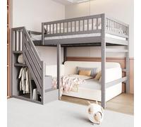 Merax Lit Mezzanine 140x200 cm, avec Échelle de Rangement, Lit Enfant et Adolescent, Cadre en Bois Massif, Rangement Intégré, pour Petites Chambres, Gris (sans Matelas)