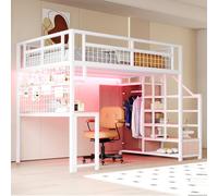 Merax Lit Mezzanine 140x200 cm en métal, avec Armoire et Bureau, Multifonctionnel Lit Enfant avec échelle de Rangement, Blanc (sans Matelas)