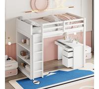 Merax Lit Mezzanine 90 x 200 cm avec Bureau et Étagère, Multifonctionnel Lit Mezzanine 1 Place avec Escalier, Blanc, sans Matelas