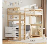 Merax Lit Mezzanine 90 x 200 cm avec Tiroir, Multifonctionnel Lit Mezzanine 1 Place avec Étagère, Blanc et Bois (sans Matelas)