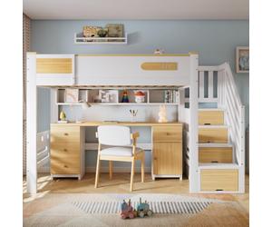 Merax Lit mezzanine 90 x 200 cm, blanc/naturel, lit pour enfant avec bureau, tiroirs, escalier de rangement et étagère suspendue, lit superposé peu encombrant en pin et MDF pour chambre d'enfant