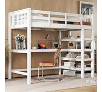 Merax Lit Mezzanine, 90 x 200 cm, Blanc, pour Enfant, avec Bureau et étagère, en pin Massif, avec Compartiments de Rangement, Peu encombrant, sans Matelas, pour Chambre d'enfant, sans Matelas