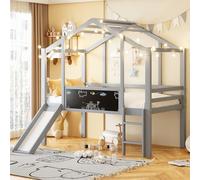 Merax Lit mezzanine 90 x 200 cm, en bois massif, design maison avec toboggan, tableau graffiti, lit multifonction, lit simple, lit de jeu peu encombrant pour chambre d'enfant, gris (sans matelas)