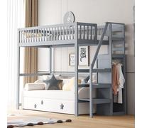 Merax Lit mezzanine, 90 x 200 cm, multifonction, en bois, avec simple armoire et escalier, gris (sans matelas)