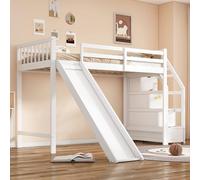 Merax Lit mezzanine, 90 x 200 cm, pour enfant, avec toboggan et échelle de rangement, certifié EN747, sans matelas, blanc