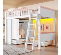Lit mezzanine 90x200 Lit enfant fille Lit jeune Armoire Tiroirs Cadre de lit LED Sommier à lattes Bois de pin Certifié EN747 Blanc 90x200 cm blanc