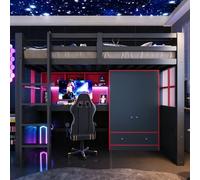 Merax Lit mezzanine 90 x 200 cm style gaming avec échelle, espace de rangement, table, armoire et tiroirs - Noir/rouge (sans matelas)