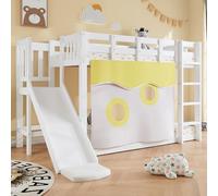 Merax Lit mezzanine, 90 x 200 cm, superposé, pour enfant, avec toboggan et compartiment de rangement, peu encombrant, avec clôtures, sommier à lattes, rideau de lit, fonctionnel, pour jeunes, cadre en