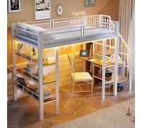 Merax Lit mezzanine 90x200 cm, avec bande luminière LED et prise de courant, lit métallique avec étagère à livres, bureau et échelle de rangement, lit simple multifonctionnel avec échelle amovible