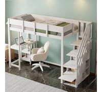 Merax Lit Mezzanine 90x200 cm, avec Bureau, Échelle Rangement, Sommier à Lattes, Grand Espace sous Lit, Garde-Corps Sécurité, pour Enfants et Ados, Blanc (sans Matelas)