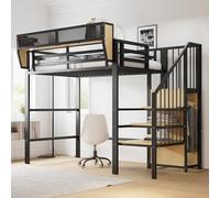 Merax Lit Mezzanine 90x200 cm en métal, avec échelle sécurisée, étagère de Rangement Amovible, lit surélevé Adulte/Enfant, Noir (sans Matelas)