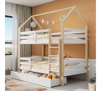 Merax Lit Mezzanine 90x200 cm, lit superposé avec échelle et Grands tiroirs, lit superposé pour 2 Enfants avec Protection Contre Les Chutes et 2 sommiers à Lattes, en pin, lit bébé, lit Double Blanc