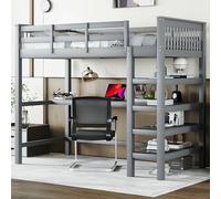 Merax Lit mezzanine 90x200cm avec compartiments de rangement et un bureau intégré, lit mezzanine pour enfant, en pin massif et MDF, avec sommier à lattes, gris DE_WX000115AAE_SHM