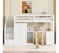 Merax Lit mezzanine de 90 x 200 cm avec armoire et escalier, bureau et tiroirs et armoire, blanc
