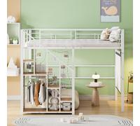 Merax Lit mezzanine en fer blanc 140 x 200 cm pour enfants et adolescents, avec échelle de sécurité, surface de rangement et tringle à vêtements, lit d'adolescent avec espace de rangement, peu