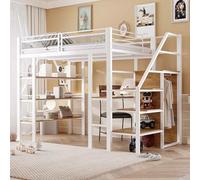 Merax Lit mezzanine en métal 140 x 200 cm avec bureau, armoire simple et étagère, lit mezzanine multifonctionnel avec échelle, pour enfants, blanc (sans matelas)