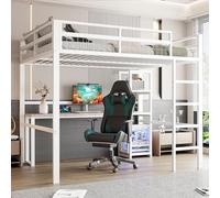 Merax Lit mezzanine en métal 140 x 200 cm avec bureau et plusieurs étagères, prise de courant, USB et Type-C - Cadre de lit avec sommier à lattes (sans matelas) pour enfants/adultes - Blanc