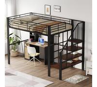Merax Lit mezzanine en métal 140 x 200 cm avec espace de rangement sous le lit, avec escalier, lit simple stable pour enfants et adultes, lit mezzanine peu encombrant avec garde-corps de sécurité