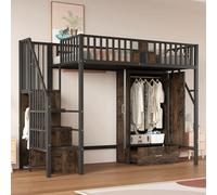 Merax Lit Mezzanine en métal 90×200 cm, avec Grillage métallique, Armoire intégrée, tiroirs et échelle de Rangement, lit Enfant Gain de Place, Moderne et Robuste, Noir (sans Matelas)
