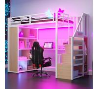 Merax Lit mezzanine en métal 90 x 200 cm, avec bureau, armoire et espace de rangement, escalier avec compartiments de rangement, prises, barre lumineuse LED, lit simple peu encombrant, blanc (sans