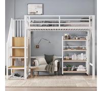 Merax Lit Mezzanine en métal 90x200 cm avec Armoire d’Angle et penderie, lit surélevé avec étagère à roulettes et barrière de sécurité, Blanc et Bois Naturel, sans Matelas