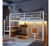 Merax Lit mezzanine en métal avec escalier et espace de rangement, lit superposé pour enfant, adolescent, avec éclairage LED, design de fenêtre, garde-corps de sécurité, lit simple en fer jusqu'à 250