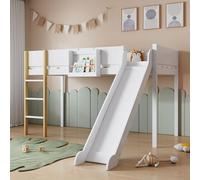 Merax Lit Mezzanine Enfant 90x200 cm avec Toboggan, Échelle Droite à 3 Marches, Lit Superposé Junior en Pin et MDF, avec Étagère Amovible, Blanc et Naturel