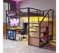 Merax Lit Mezzanine Métal 140x200 cm, avec Bande LED APP, Échelle-Rangement et Armoire Ouverte, Espace sous Lit, pour Enfants et Adolescents, Noir (sans Matelas)