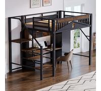 Merax Lit Mezzanine Métal 140x200 cm, avec Garde-Corps, Échelle Sécurisée et Rangement, Grand Espace sous Lit pour Bureau ou Jeu, Structure Robuste, Noir (sans Matelas)