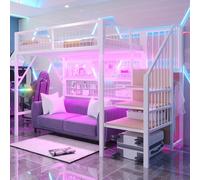 Merax Lit Mezzanine Métal 90x200 cm, avec Bande LED APP, Échelle-Rangement et Armoire Ouverte, Espace sous Lit, pour Enfants et Adolescents, Blanc (sans Matelas)
