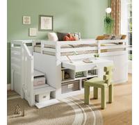 Merax Lit mezzanine multifonction pour enfant, 90 x 200 cm, blanc, avec escalier, espace de rangement, tiroirs comme bureau et rangement, lit superposé en bois massif + MDF, position d'armoire