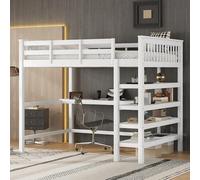 Merax Lit mezzanine pour enfant, 140 x 200 cm, avec compartiments de rangement et bureau intégré, lit mezzanine pour enfant, en pin massif et MDF de qualité supérieure, avec sommier à lattes, blanc