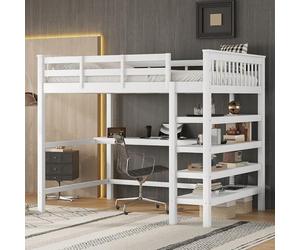 Merax Lit mezzanine pour enfant, 140 x 200 cm, avec compartiments de rangement et bureau intégré, lit mezzanine pour enfant, en pin massif et MDF de qualité supérieure, avec sommier à lattes, blanc