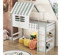 Merax Lit mezzanine pour enfant, 90 x 200 cm, en bois massif, avec escalier, protection anti-chute, avec espace de rangement, pour garçons et filles, vert (sans matelas)