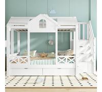 Merax Lit mezzanine, pour enfant, avec 2 tiroirs, armoire d'escalier, design avec fenêtre et toit, 90 x 200 cm/140 x 200 cm, blanc, construction robuste, en pin et MDF