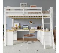 Merax Lit mezzanine pour enfant avec table longue en forme de U, deux tiroirs et étagère de rangement, blanc + naturel, 140 x 200 cm, pin + MDF + contreplaqué