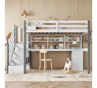 Merax Lit mi-hauteur pour enfants 90 x 200 cm, avec boîte de rangement en tissu, bureau, escalier de rangement, échelle latérale et étagère ouverte, blanc + gris, certifié EN747